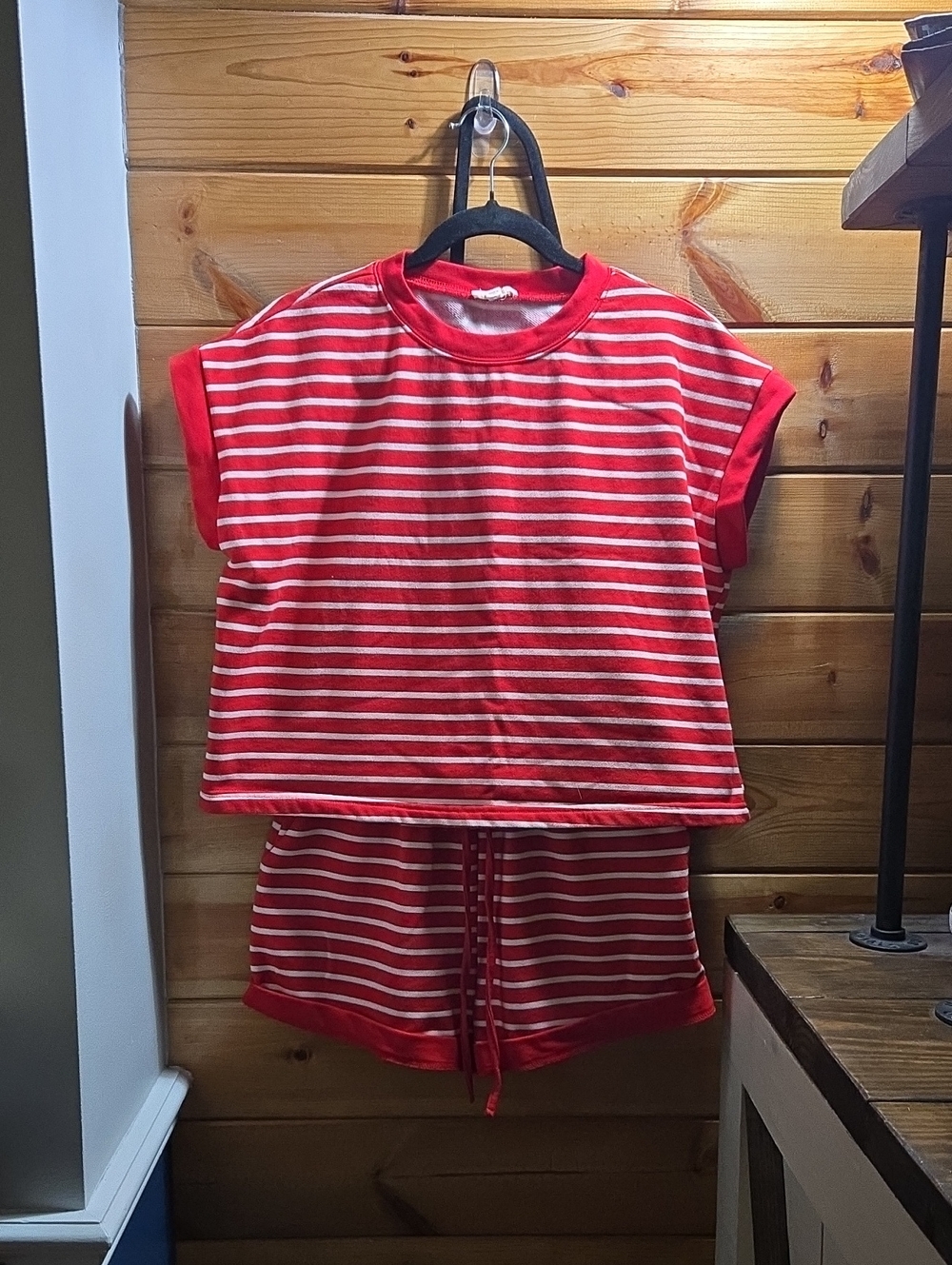 Ott Red & White Stripe Set - Short Sleeve Top & Shorts Sz Small Oversized